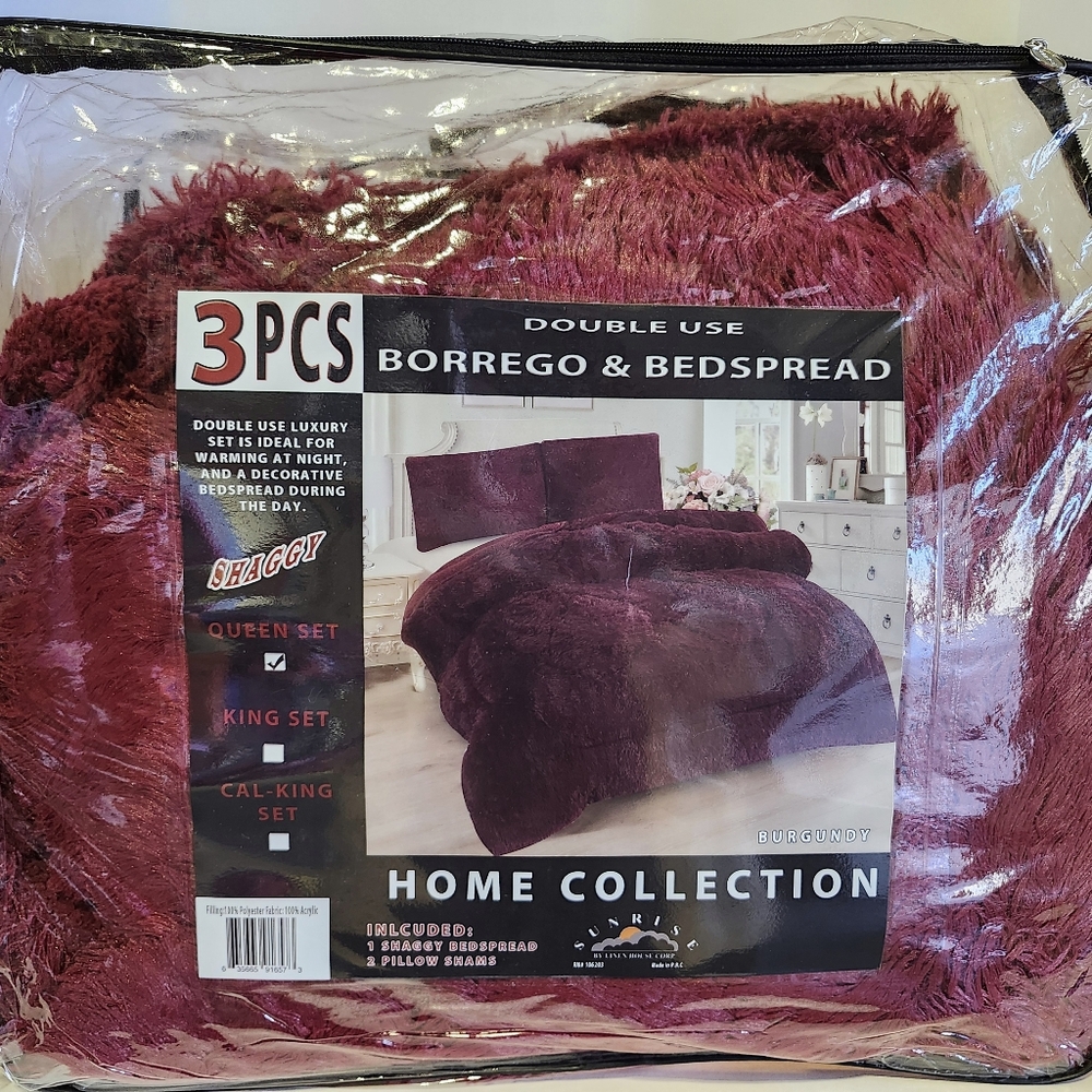 Sunrise Burgundy Shaggy, Fluffy,  Borrego & Bedspread Set